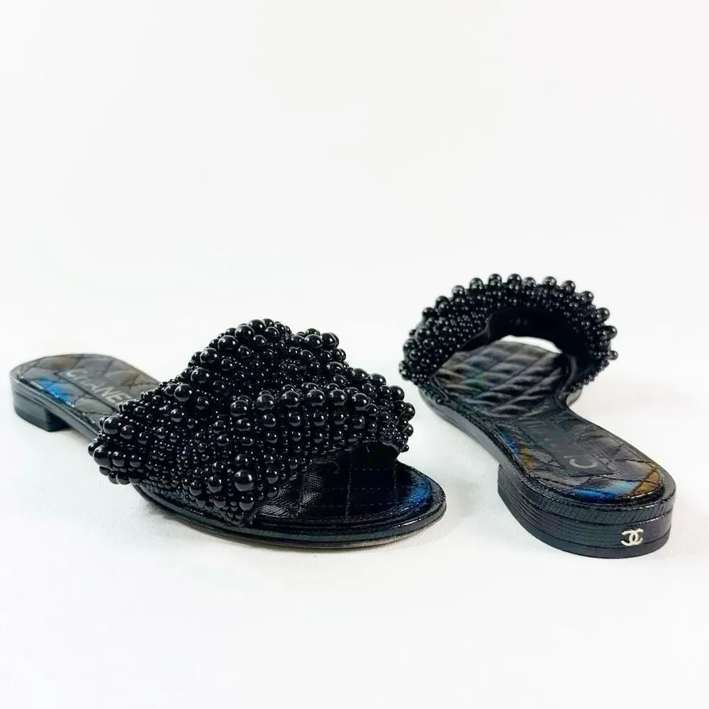 CHANEL Black Fantasy Pearl Cord Sandals Size 37 Mules Open Toe Slides CC Flat